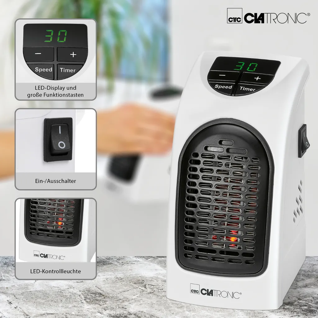 Clatronic HL 3738 Mobiler Steckdosen-Heizlüfter Mit 2 Gebläsestufen, Hochwertiges PTC-Heizelement, LED-Display-und Kontrollleuchte – Bild 7