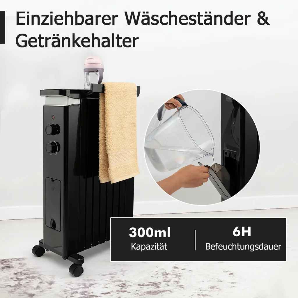 COSTWAY Ölradiator 3 Heizstufen 5-35℃ Für 20㎡, 7 Rippen Heizkörper 1500W, Elektrische Heizung Mobil Mit Thermostat, Überhitzungsschutz & Räder, Schwarz – Bild 3