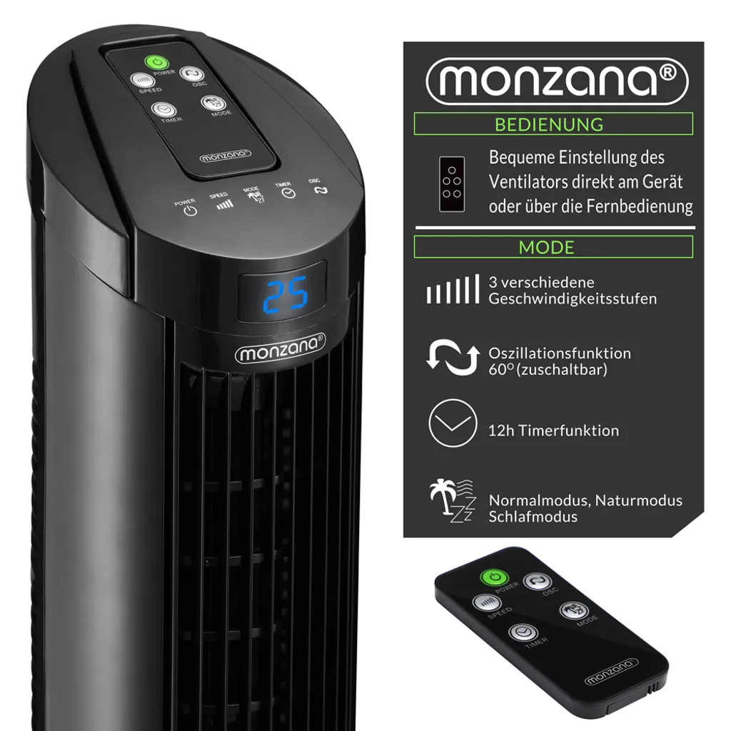 Monzana Turmventilator Fernbedienung 3 Geschwindigkeitsstufen Timer 70° Oszillation Flüsterleise Ventilator Standventilator, Farbe:schwarz – Bild 4