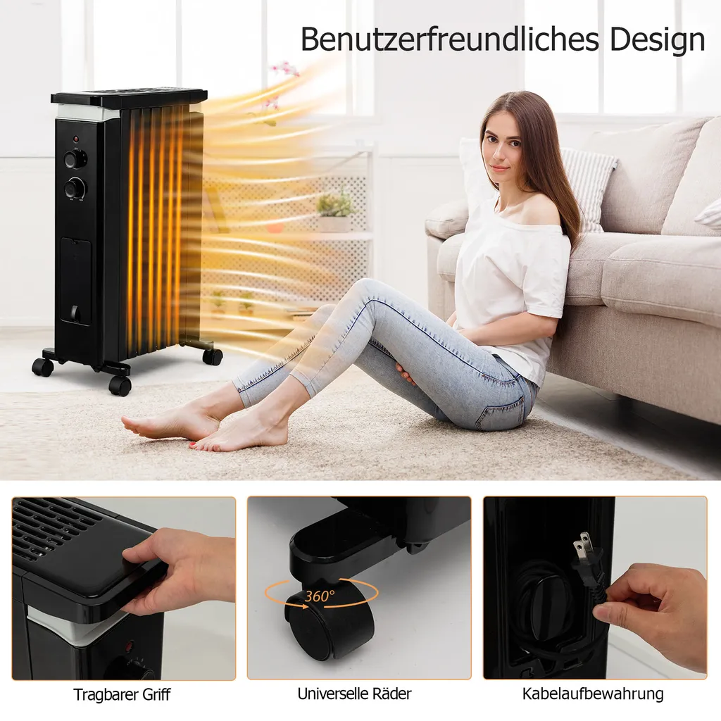 COSTWAY Ölradiator 3 Heizstufen 5-35℃ Für 20㎡, 7 Rippen Heizkörper 1500W, Elektrische Heizung Mobil Mit Thermostat, Überhitzungsschutz & Räder, Schwarz – Bild 6