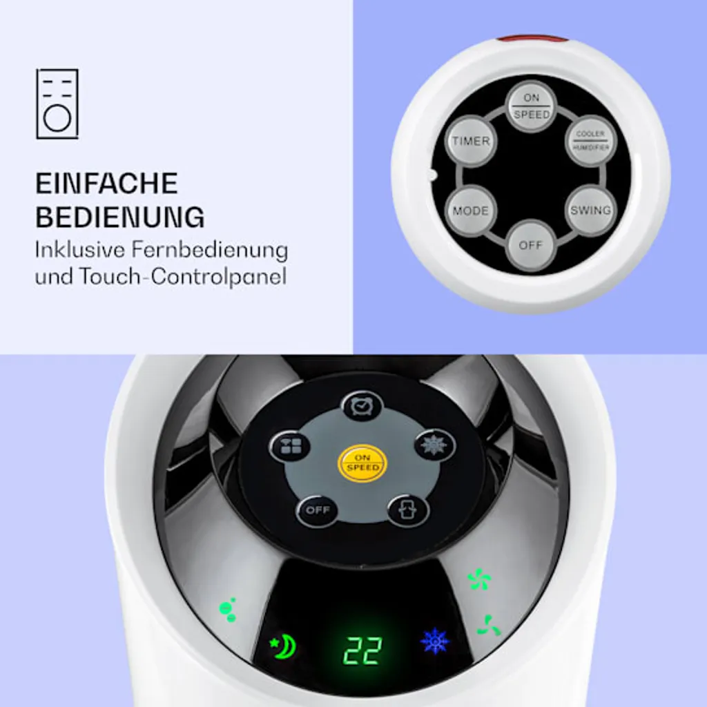 Klarstein Skyscaper Ice Smart Klimaanlage 4-in-1: Luftkühler, Ventilator, Luftbefeuchter & Ionisation - 6 L Wassertank - Oszillation - 30 W - 210 M³/h - Timer - Klimagerät Ohne Abluftschlauch - Mobiles Klimagerät – Bild 4