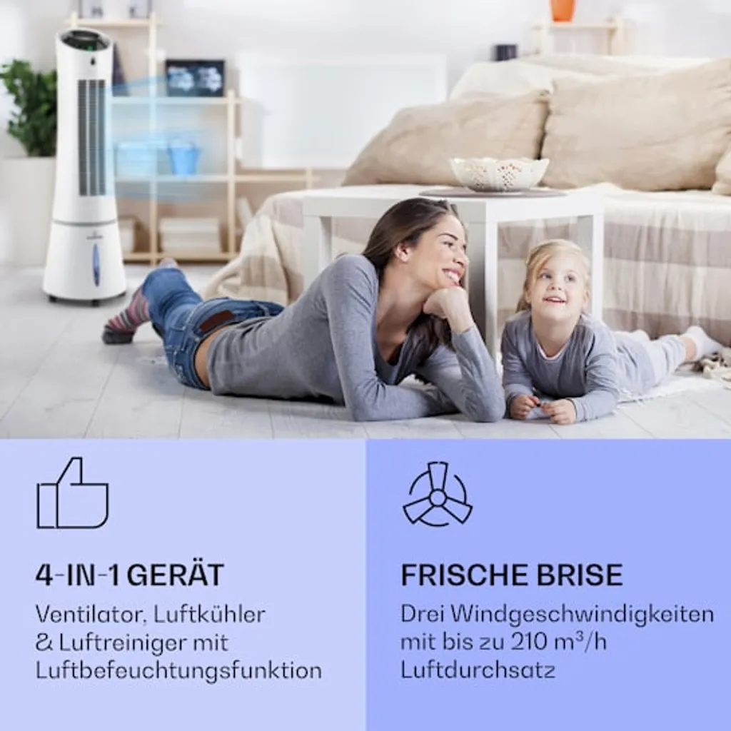 Klarstein Skyscaper Ice Smart Klimaanlage 4-in-1: Luftkühler, Ventilator, Luftbefeuchter & Ionisation - 6 L Wassertank - Oszillation - 30 W - 210 M³/h - Timer - Klimagerät Ohne Abluftschlauch - Mobiles Klimagerät – Bild 2