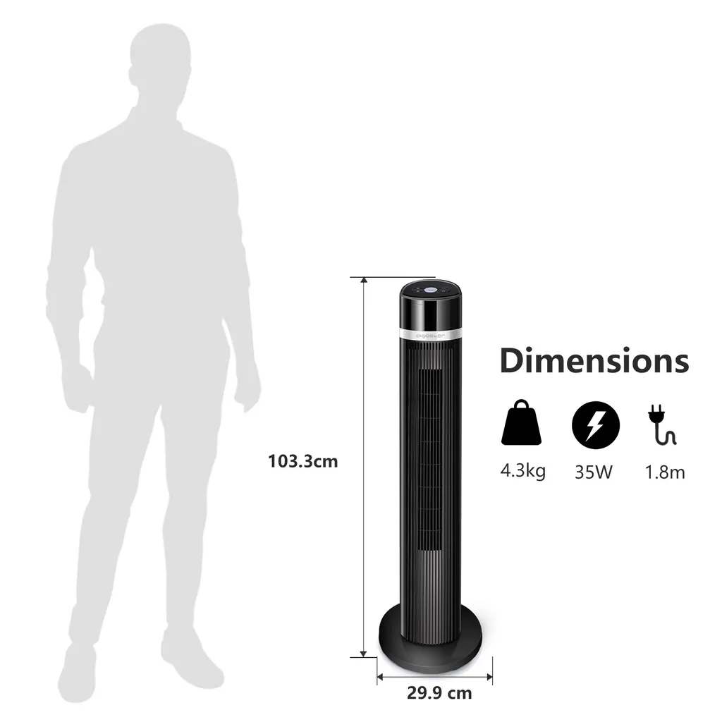 Aigostar Turmventilator, Leise Mit Fernbedienung, 35W, 60° Oszillierend, 3 Geschwindigkeitsstufen, 7 Stunden Timer, Säulenventilator Mit Speicher Funktion, 103cm Standventilator Tower Fan, Schwarz – Bild 7