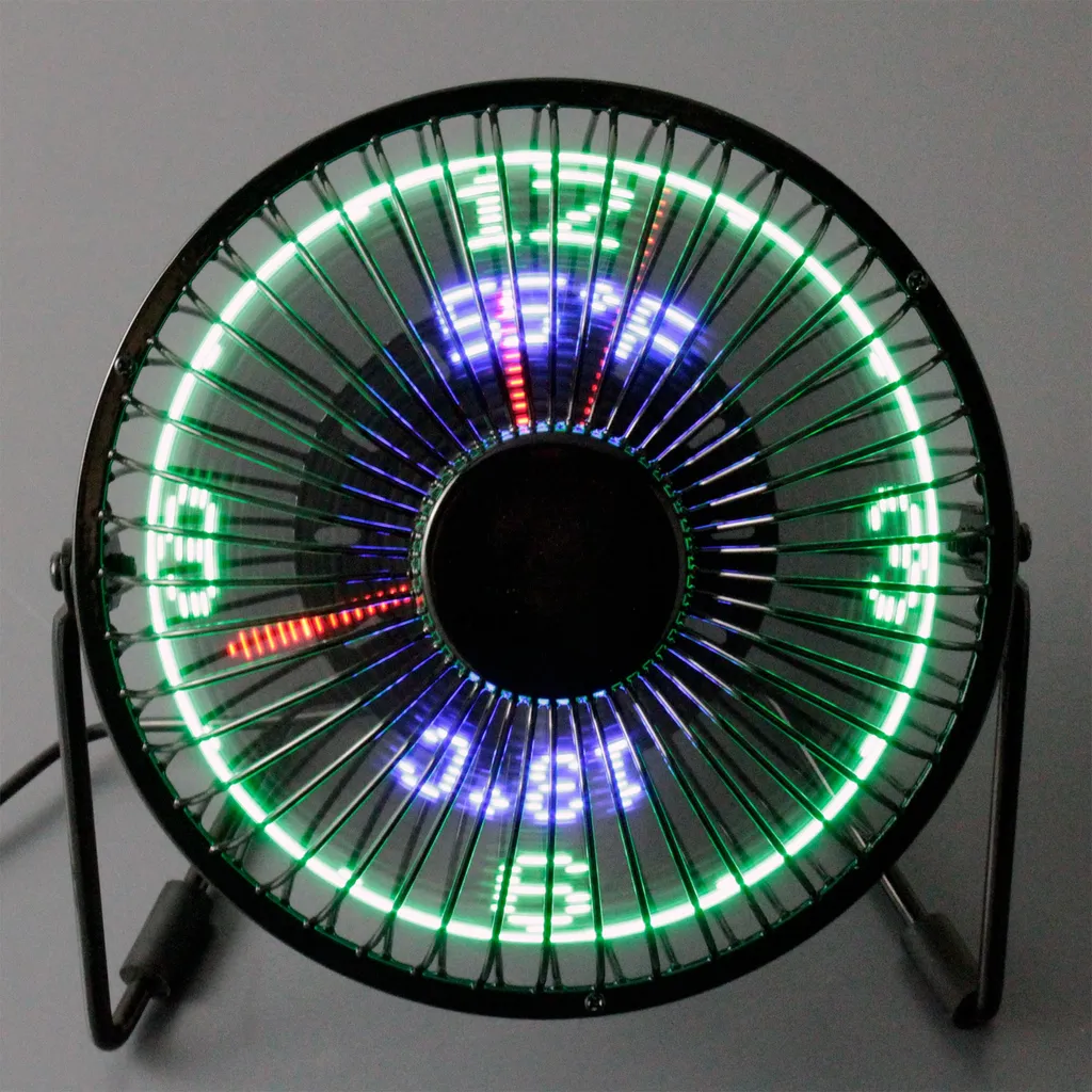 15cm Mini USB-Tischventilator Ventilator Aus Metall Mit LED-Animation Für Temperatur Und Uhrzeit - Stufenlos Neigbar Um 360°, Energiesparend, Extrem Leise – Bild 2