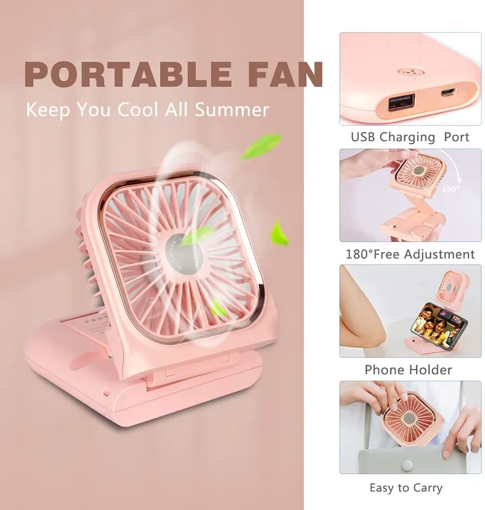 4 In 1 Handventilator, Tischventilator, Halslüfter, Handyhalter, Mit 3000mAh Powerbank, USB Faltbarer 3 Gang Ventilator, 180° Drehbarer Lüfter, Rosa – Bild 2