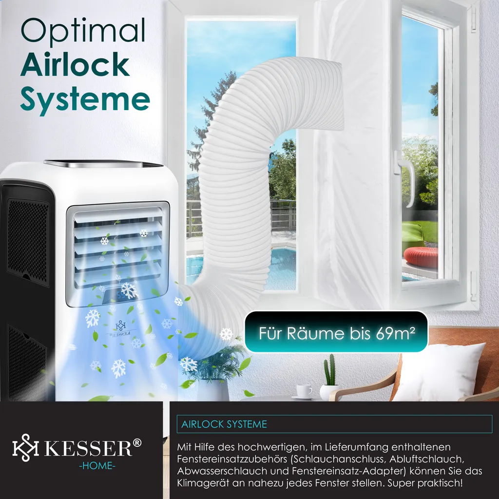 KESSER® – Klimaanlage Mobiles Klimagerät 4in1 Kühlen, Luftentfeuchter, Lüften, Ventilator - 12.000 BTU/h (3.500 Watt) 3,5 KW - Klima Mit Montagematerial, Fernbedienung Und Timer, Nachtmodus (EEK: A), Farbe:Weiß / Schwarz – Bild 6