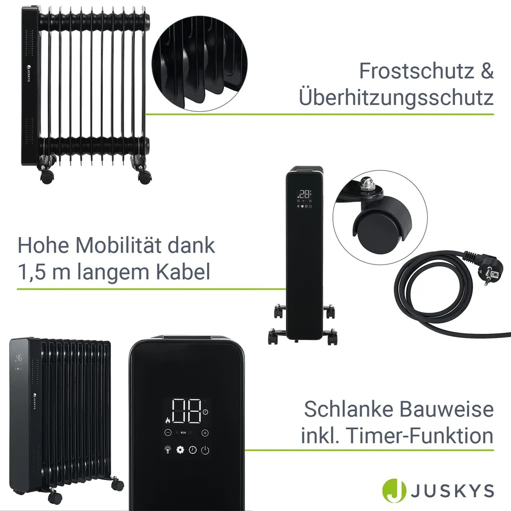 Juskys Elektroheizung Ölradiator 2500W - Wi-Fi Steuerung, Fernbedienung & Touch-Display - Energiesparender Radiator, 2 Heizstufen, 24h Timer - Schwarz – Bild 5