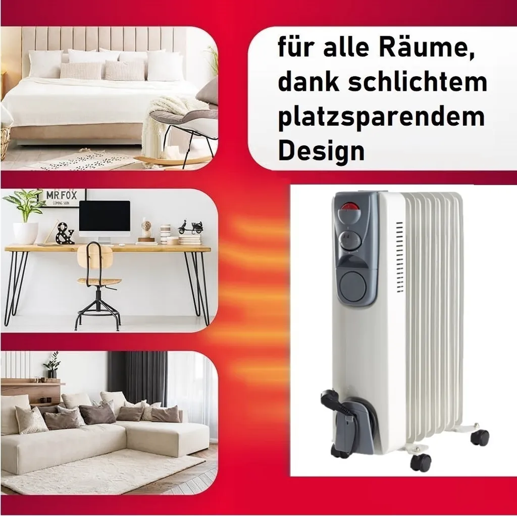 JUNG DAYE15 Heizung Elektrisch Mit Thermostat, 7 Lamellen, Ölradiator & Konvektor, 1500 Watt Energiesparend, Mobile Elektroheizung, Bis 25qm – Bild 2