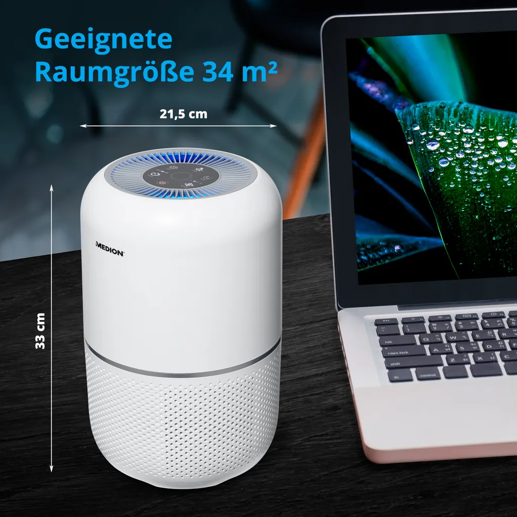 MEDION Luftreiniger Mit HEPA-Filter (H13) (reduziert Verunreinigungen Aerosole Pollen Staub Tierhaare, Bis Zu 34 M², Timer- Und Schlaffunktion, Luftqualitätsanzeige, Touch, 35 Watt, MD 19778) – Bild 3