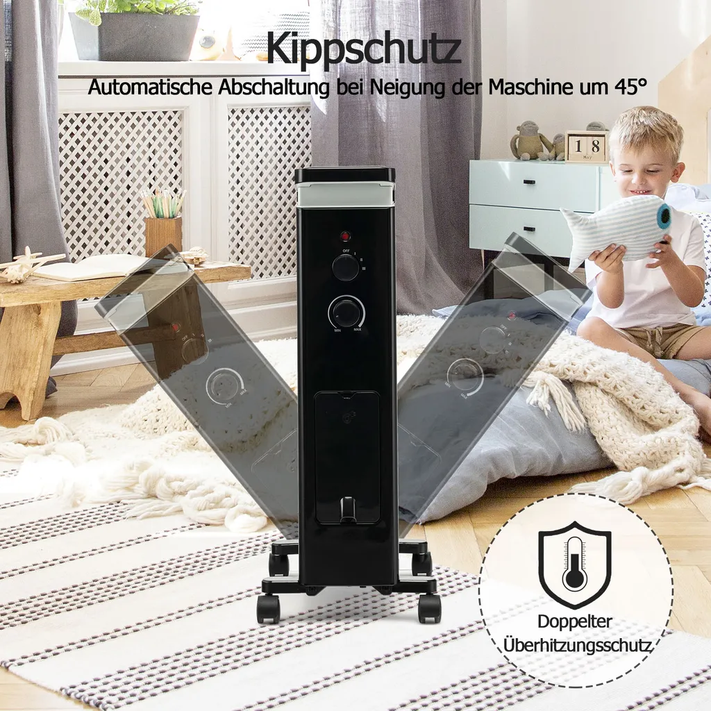 COSTWAY Ölradiator 3 Heizstufen 5-35℃ Für 20㎡, 7 Rippen Heizkörper 1500W, Elektrische Heizung Mobil Mit Thermostat, Überhitzungsschutz & Räder, Schwarz – Bild 4