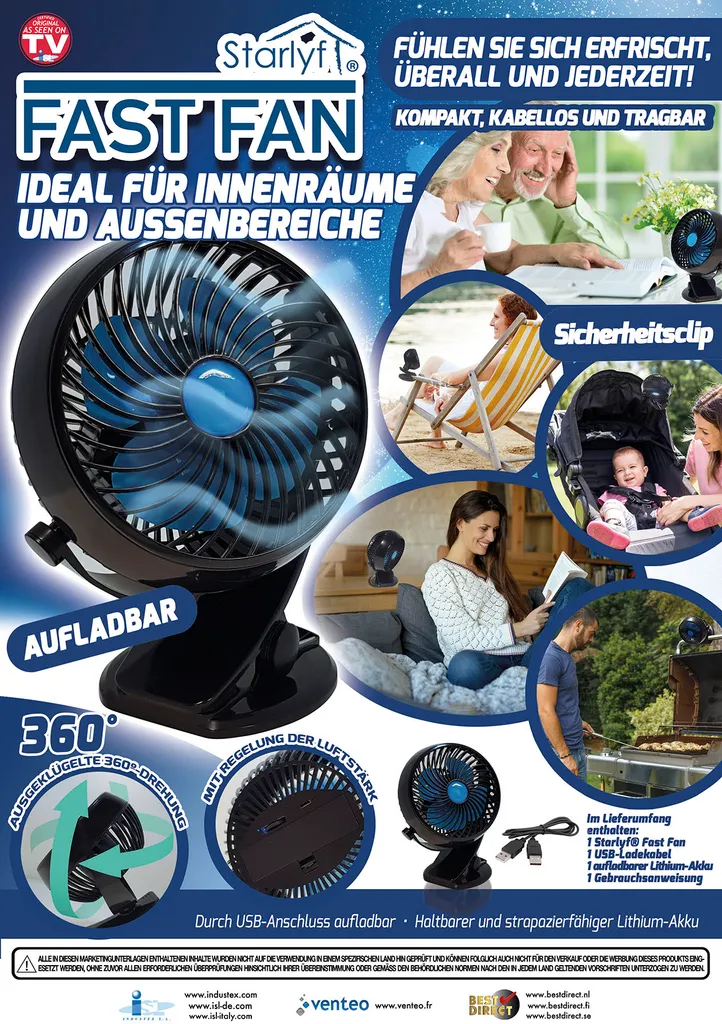 Starlyf® Fast Fan - USB, Miniventilator, Ventilator, Kabellos Und Wieder Aufladbar, Akku, Tragbarer Ventilator, 360 ° - Aus Der TV Werbung – Bild 7