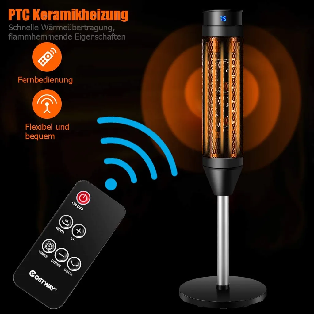 COSTWAY Heizlüfter, 1,2KW/2KW, Elektroheizung, Heizgerät Mit Thermostat & 3 Modi, 40° Oszillation, 10 - 49℃, Schnellerhitzung, Inkl. 8H Timer, LED, 28x28x85cm, Schwarz – Bild 6