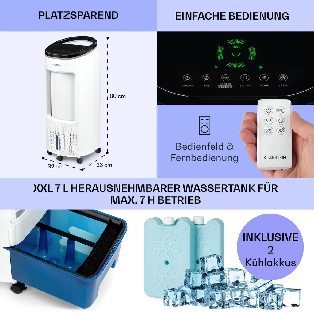 Klarstein Mobiles Klimagerät Ohne Abluftschlauch - Luftkühler Mit Wasser Ventilator Luftbefeuchter Luftreiniger Funktion - 7L Wassertank - Air Cooler Klimaanlage Mobil Mit Fernbedienung - Weiß – Bild 6