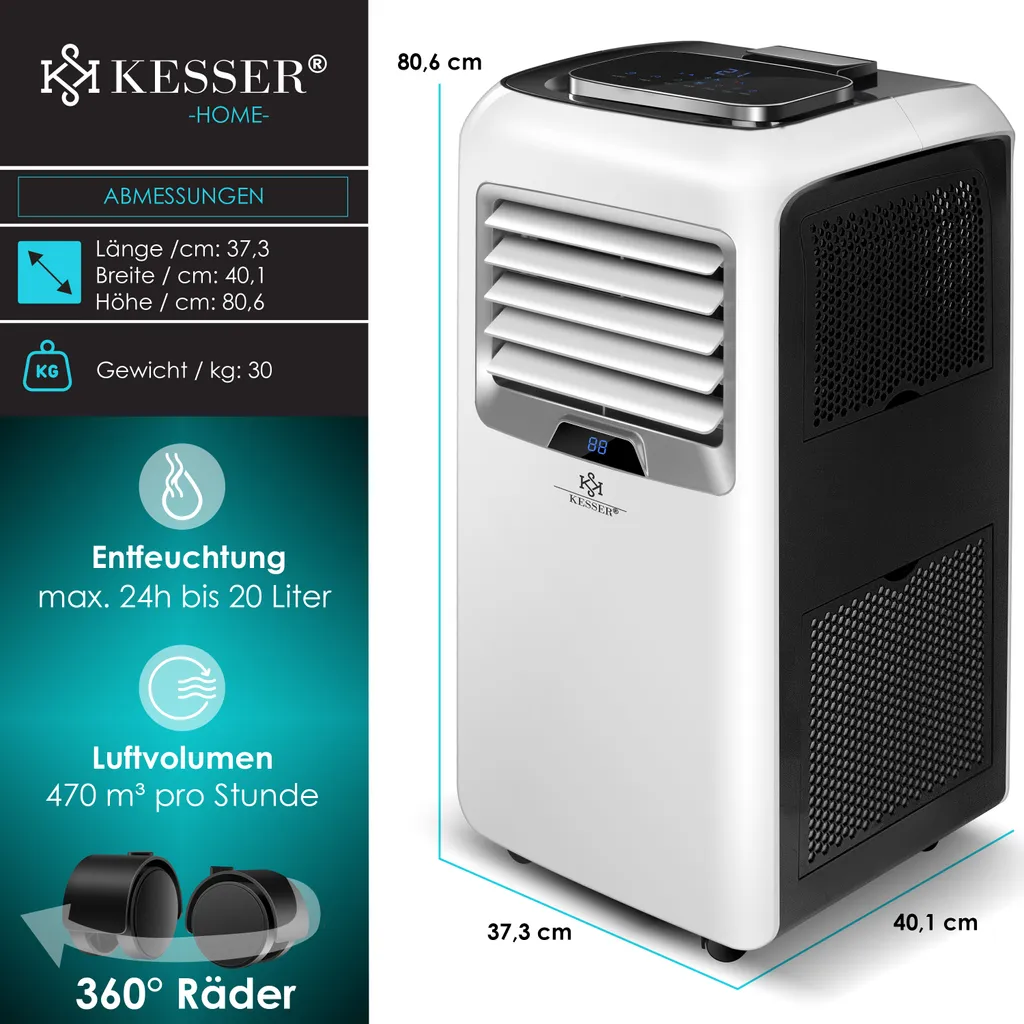 KESSER® – Klimaanlage Mobiles Klimagerät 4in1 Kühlen, Luftentfeuchter, Lüften, Ventilator - 12.000 BTU/h (3.500 Watt) 3,5 KW - Klima Mit Montagematerial, Fernbedienung Und Timer, Nachtmodus (EEK: A), Farbe:Weiß / Schwarz – Bild 8