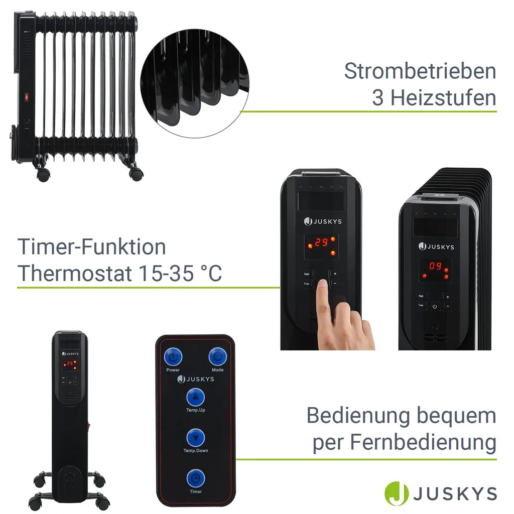 Juskys Elektroheizung Ölradiator 2500 Watt - Heizung Elektrisch Mit 3 Stufen, Thermostat, 12 H-Timer & Überhitzungsschutz - Radiator Schwarz – Bild 4