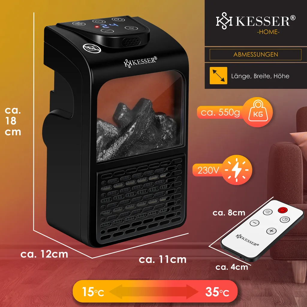 KESSER® Steckdosen Heizlüfter Energiesparend Mini Mit Kaminfeuereffekt Fernbedienung LCD Display Keramik Heizung Mit Thermostat 400W - Temperaturregelung Timer Büro Badezimmer Schlafzimmer, Farbe:Schwarz – Bild 8