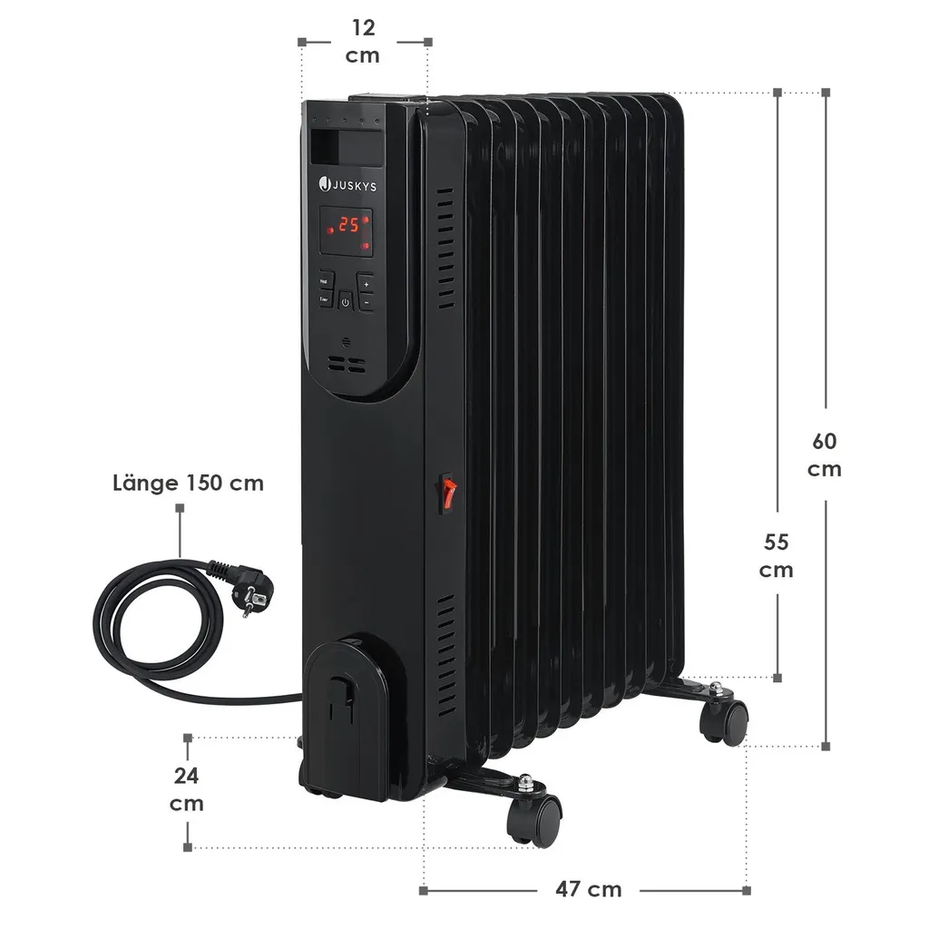 Juskys Elektroheizung Ölradiator 2500 Watt - Heizung Elektrisch Mit 3 Stufen, Thermostat, 12 H-Timer & Überhitzungsschutz - Radiator Schwarz – Bild 16