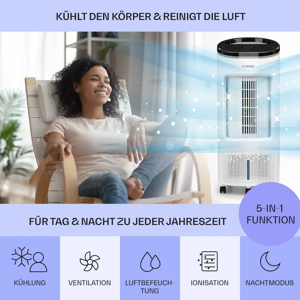 Klarstein Mobiles Klimagerät Ohne Abluftschlauch - Luftkühler Mit Wasser Ventilator Luftbefeuchter Luftreiniger Funktion - 7L Wassertank - Air Cooler Klimaanlage Mobil Mit Fernbedienung - Weiß – Bild 2