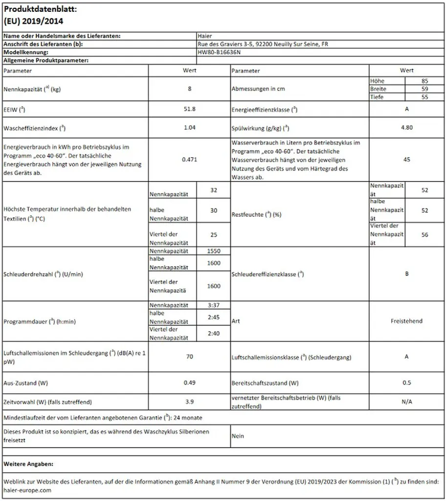 Haier HW80-B16636N Waschmaschine 8kg 1.600 (U/min) Direct Motion Motor Vollwasserschutz – Bild 6