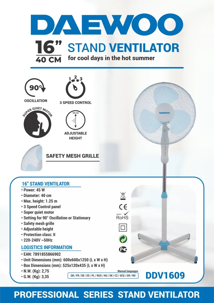 DAEWOO 16" Standventilator Ventilator 3 Geschwindugskeiten Windmaschine Lüfter 45 W