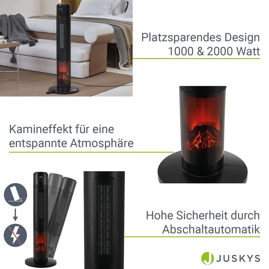 Juskys Turm-Keramik-Heizer – Elektrischer Heizlüfter Mit LCD Display & Fernbedienung, 1000 / 2000W, Kamineffekt, Timer, Oszillation & Umkippschutz – Bild 5