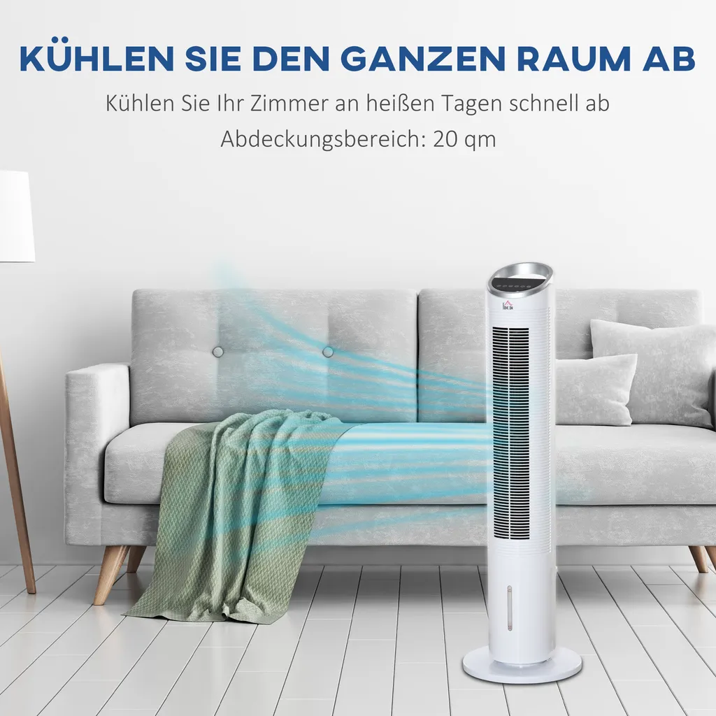 HOMCOM Luftkühler Mit Wasserkühlung Fernbedienung Turmventilator Standventilator Mit Luftbefeuchtung Klimagerät 8h Timer Nutzungsraum 20㎡ 60W ABS Weiß Ø30 X 100,8H Cm – Bild 4