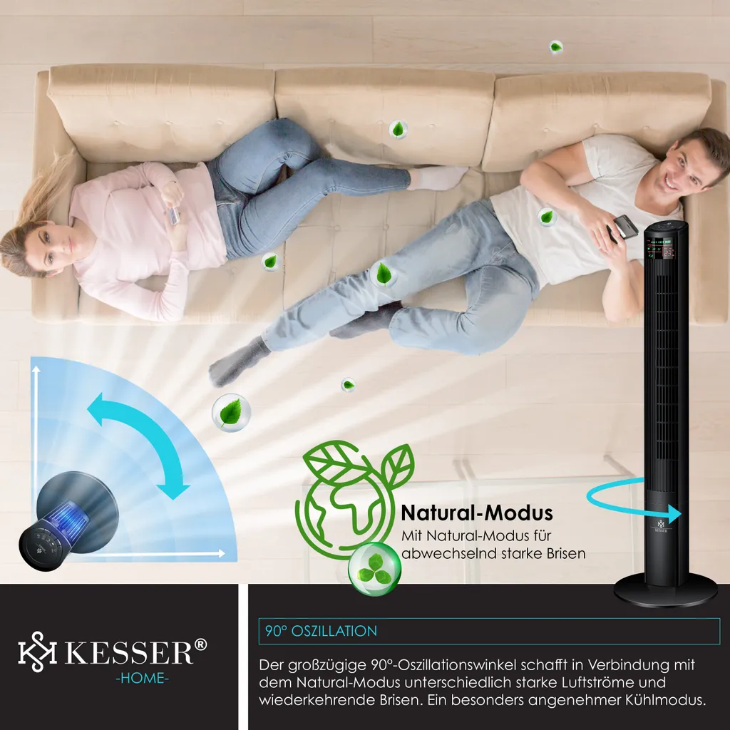 KESSER® Turmventilator Mit Fernbedienung | 120 Cm | Oszilation | 55W | LED-Display | Ventilator Mit 3 Geschwindigkeitsstufen + Timer Bis 12 Stunden + 3 Betriebsmodi + 90° Oszillierend Towerventilator, Farbe:Schwarz – Bild 7