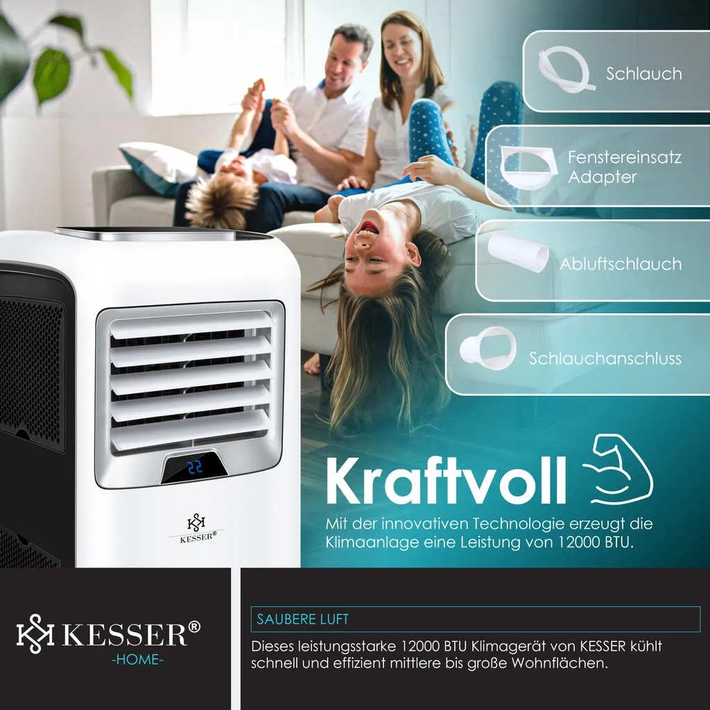 KESSER® – Klimaanlage Mobiles Klimagerät 4in1 Kühlen, Luftentfeuchter, Lüften, Ventilator - 12.000 BTU/h (3.500 Watt) 3,5 KW - Klima Mit Montagematerial, Fernbedienung Und Timer, Nachtmodus (EEK: A), Farbe:Weiß / Schwarz – Bild 7