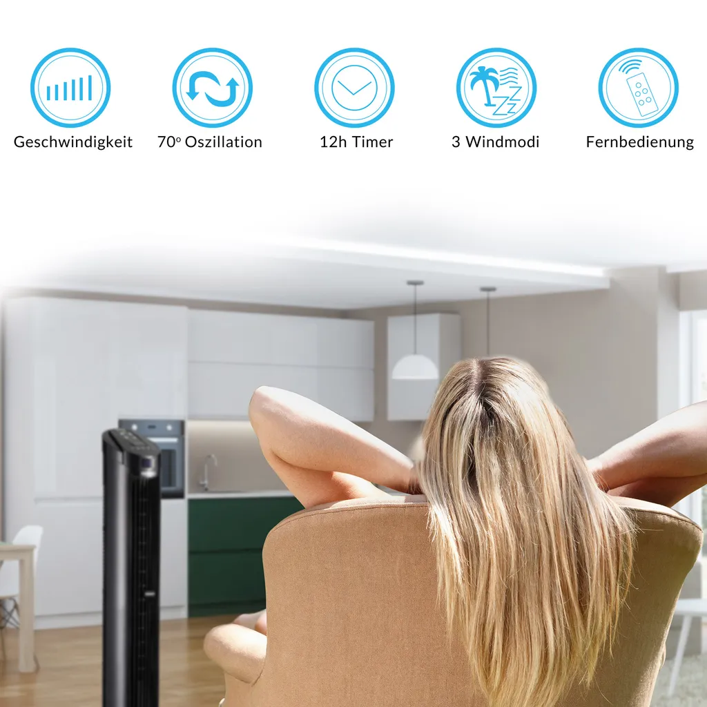 Monzana Turmventilator Fernbedienung 3 Geschwindigkeitsstufen Timer 70° Oszillation Flüsterleise Ventilator Standventilator, Farbe:schwarz – Bild 2