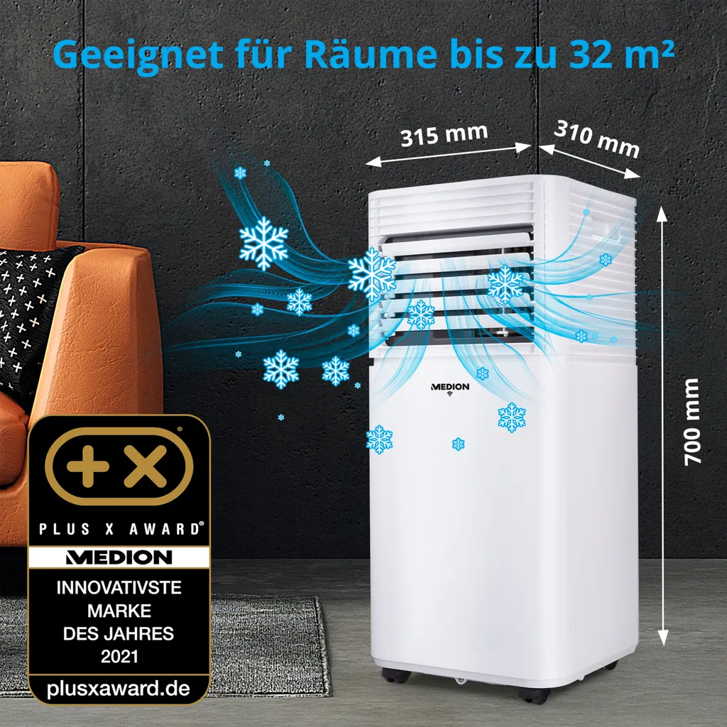 MEDION Smarte Mobile Klimaanlage Mit Abluftschlauch (leise, 3in1, Klimagerät, App Und Sprach- Steuerung, Kühlen Entfeuchten Ventilieren, Staubfilter, Geeignet Für Bis Zu 32qm, 9000BTU, MD37216) – Bild 2