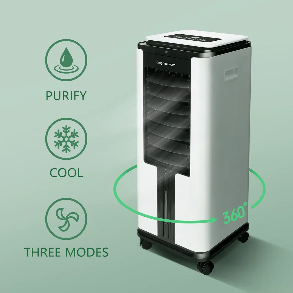 Aigostar Air Cooler, 3-in-1 Mobiles Klimagerät Ohne Abluftschlauch Mit Wasserkühlung, Luftkühler Mit Verdunstungskühlung, Ventilator, Luftbefeuchter, 7L Wassertank, Fernbedienung, 12Std Timer, 75W – Bild 3