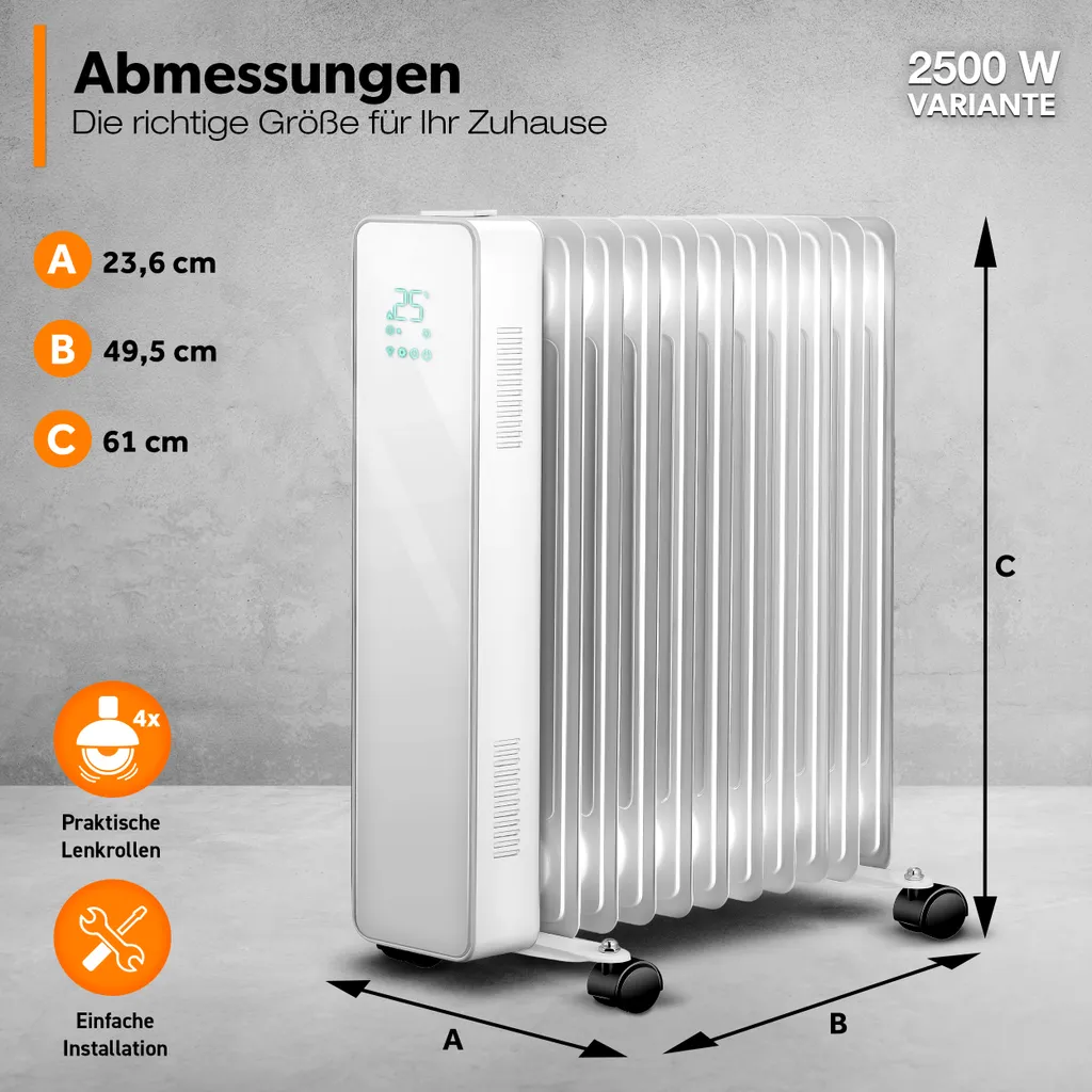 TRESKO® Ölradiator Weiß 2500W Elektroheizung Radiator Öl Heizkörper Heizung Timer – Bild 3