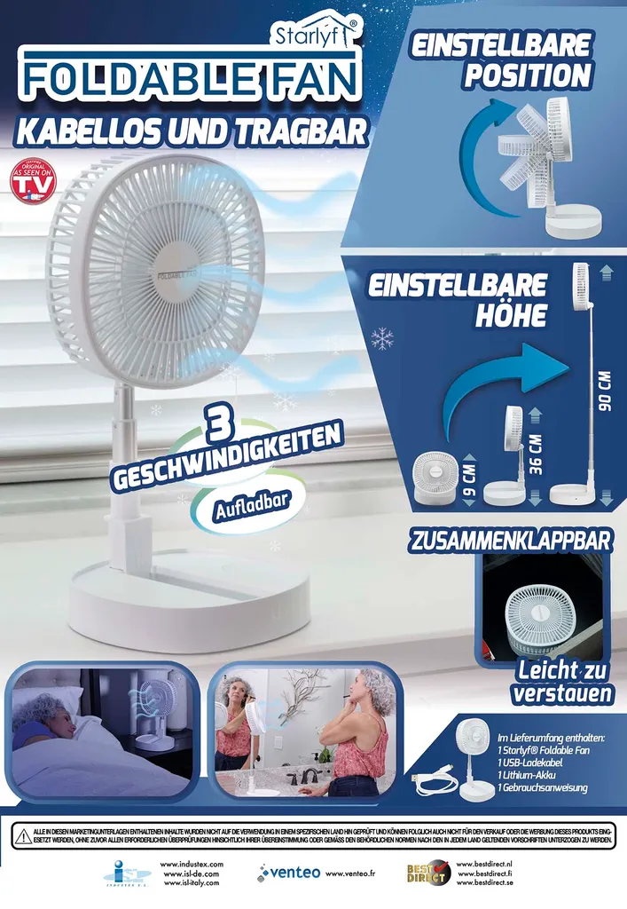 Starlyf® Foldable Fan – Wiederaufladbarer, Kabelloser Und Zusammenklappbarer Ventilator, Akkubetrieb Mit 3 Geschwindigkeiten, 2in1 - Tischventilator Und Standventilator – Aus Der TV Werbung – Bild 15
