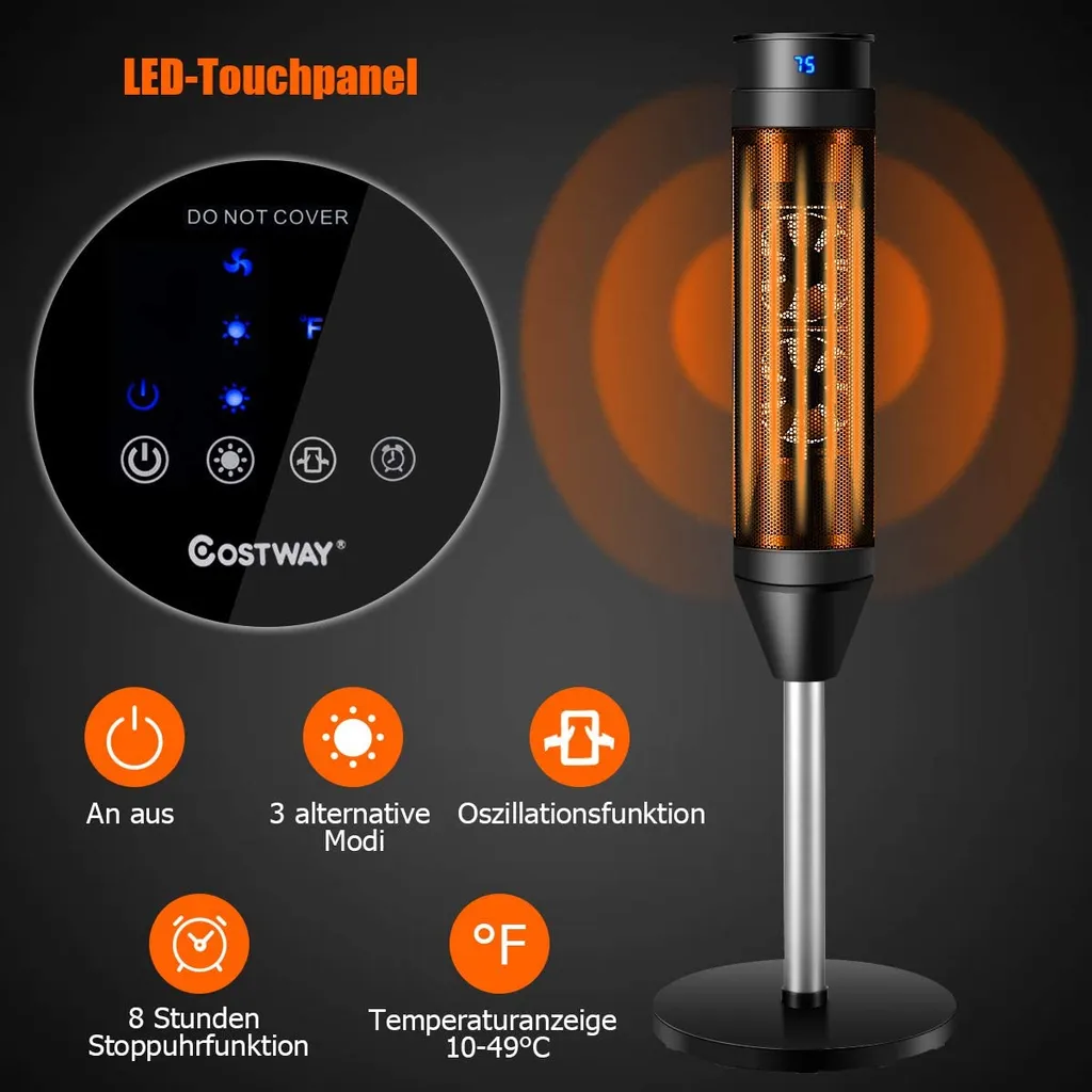 COSTWAY Heizlüfter, 1,2KW/2KW, Elektroheizung, Heizgerät Mit Thermostat & 3 Modi, 40° Oszillation, 10 - 49℃, Schnellerhitzung, Inkl. 8H Timer, LED, 28x28x85cm, Schwarz – Bild 5