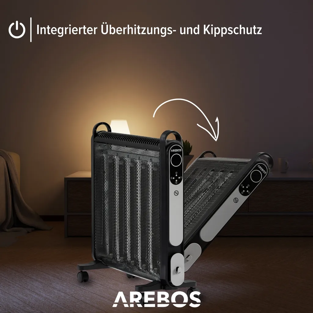 AREBOS Mica Konvektor 2000 W | Wärmewellenheizer | Elektroheizung | Konvektor-Heizung | Mobile Elektroheizung Energiesparend | Leise Heizung | Mobiler Elektro Heizlüfter Mit 2 Heizstufen | Schwarz – Bild 6