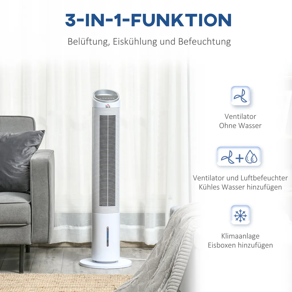 HOMCOM Luftkühler Mit Wasserkühlung Fernbedienung Turmventilator Standventilator Mit Luftbefeuchtung Klimagerät 8h Timer Nutzungsraum 20㎡ 60W ABS Weiß Ø30 X 100,8H Cm – Bild 6