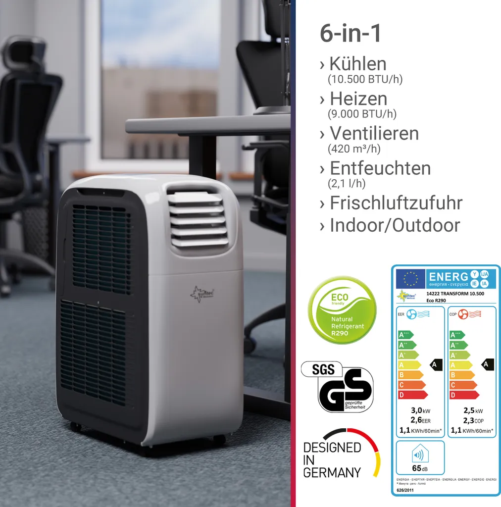 SUNTEC Mobiles Lokales Klimagerät Transform 10.500 Eco R290 | Für Räume Bis 46 M2 | Inkl. Abluftschlauch | Kühler Und Entfeuchter Mit ökologischem Kühlmittel R290 | 10.500 BTU/h – Bild 2