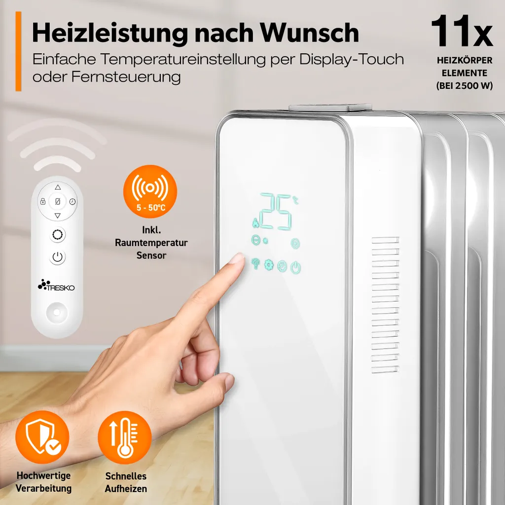 TRESKO® Ölradiator Weiß 2500W Elektroheizung Radiator Öl Heizkörper Heizung Timer – Bild 4