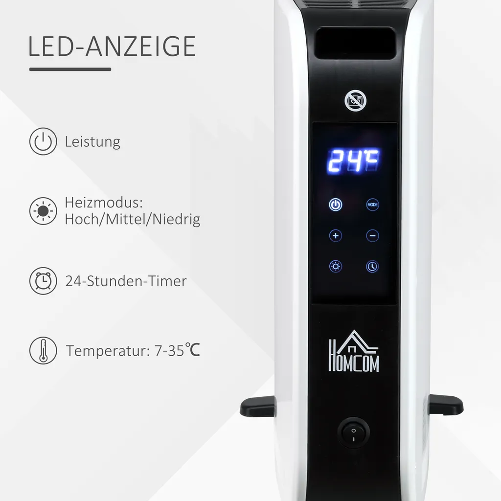 HOMCOM Heizgerät Heizlüfter 2180 W Elektroheizer LED-Licht Mit 3 Stufen Warm 24-Stunden-Timer Heizer Heizung Wärme Stahl Kunststoff Weiß 60 X 18,5 X 39,5 Cm – Bild 4