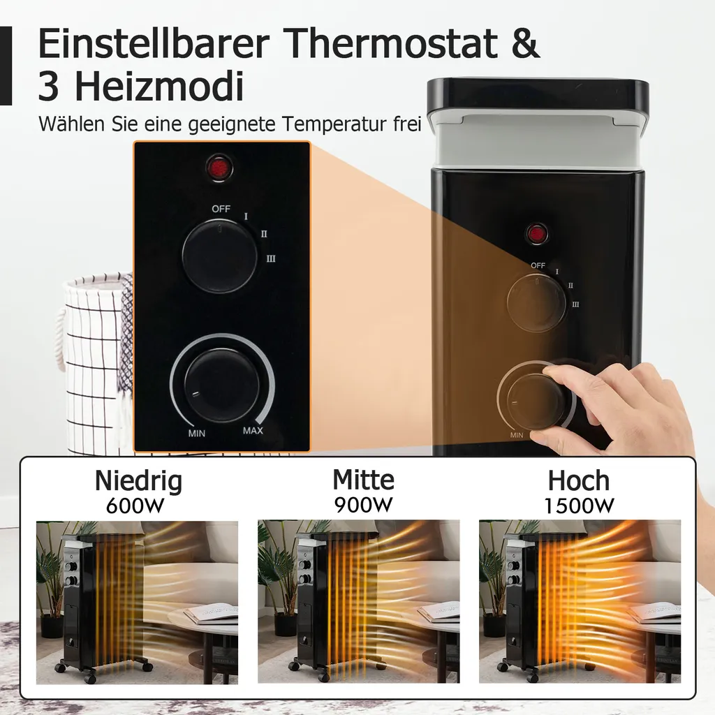 COSTWAY Ölradiator 3 Heizstufen 5-35℃ Für 20㎡, 7 Rippen Heizkörper 1500W, Elektrische Heizung Mobil Mit Thermostat, Überhitzungsschutz & Räder, Schwarz – Bild 2