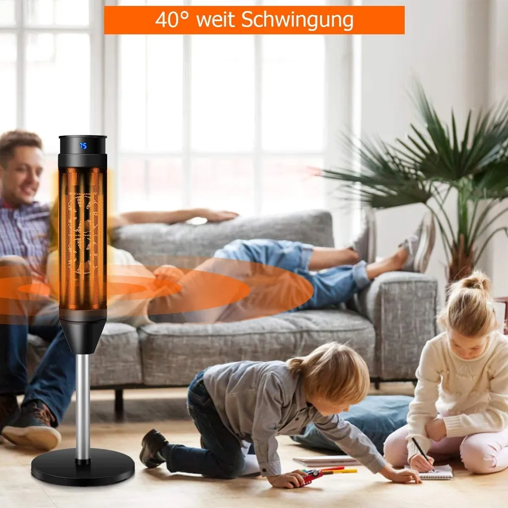 COSTWAY Heizlüfter, 1,2KW/2KW, Elektroheizung, Heizgerät Mit Thermostat & 3 Modi, 40° Oszillation, 10 - 49℃, Schnellerhitzung, Inkl. 8H Timer, LED, 28x28x85cm, Schwarz – Bild 4