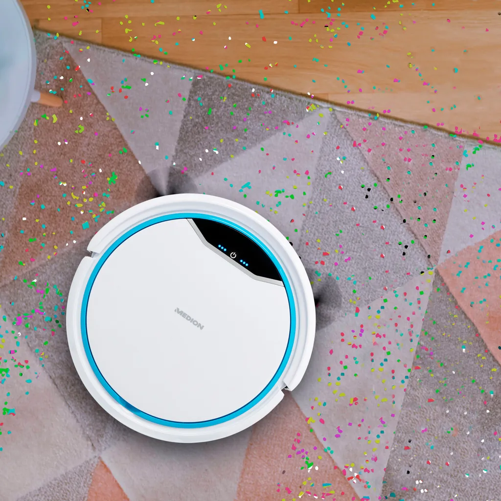 MEDION Roboterstaubsauger Mit Ladestation MD19900 (intelligente Navigation, Roboterstaubsauger Für Hartböden Fliesen Laminat, Optimierte Tierhaare, Fernbedienung, Bis Zu 90 Minuten, Automatische Rückkehr Zur Station) – Bild 2