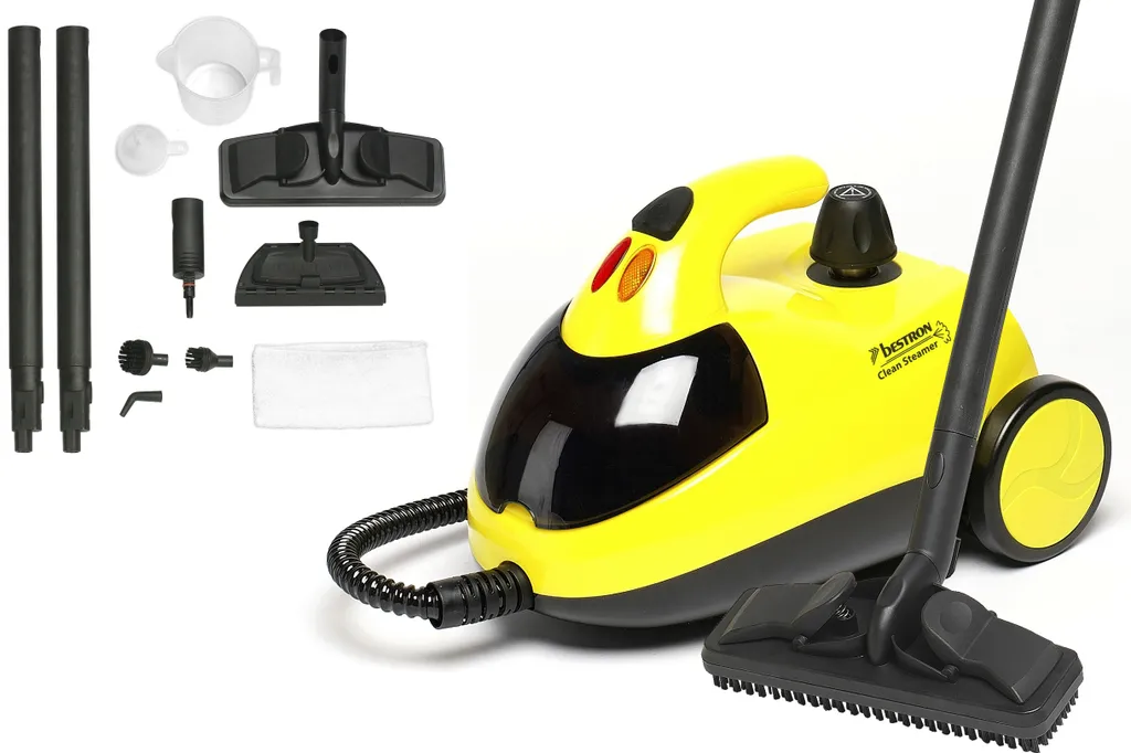 Bestron Dampfreiniger Mit 12-Teiligen Zubehör-Set, Inkl. Kindersicherung & 10m Aktionsradius, 4 Bar Dampfdruck, Kapazität: 1,5 L, Ideal Für Bäder Und Küchen, 1500 Watt, Farbe: Gelb
