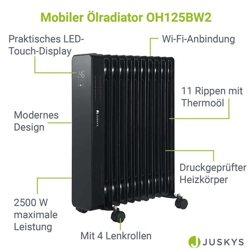 Juskys Elektroheizung Ölradiator 2500W - Wi-Fi Steuerung, Fernbedienung & Touch-Display - Energiesparender Radiator, 2 Heizstufen, 24h Timer - Schwarz – Bild 3