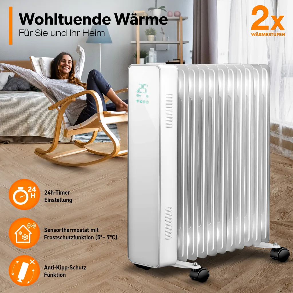 TRESKO® Ölradiator Weiß 2500W Elektroheizung Radiator Öl Heizkörper Heizung Timer – Bild 5