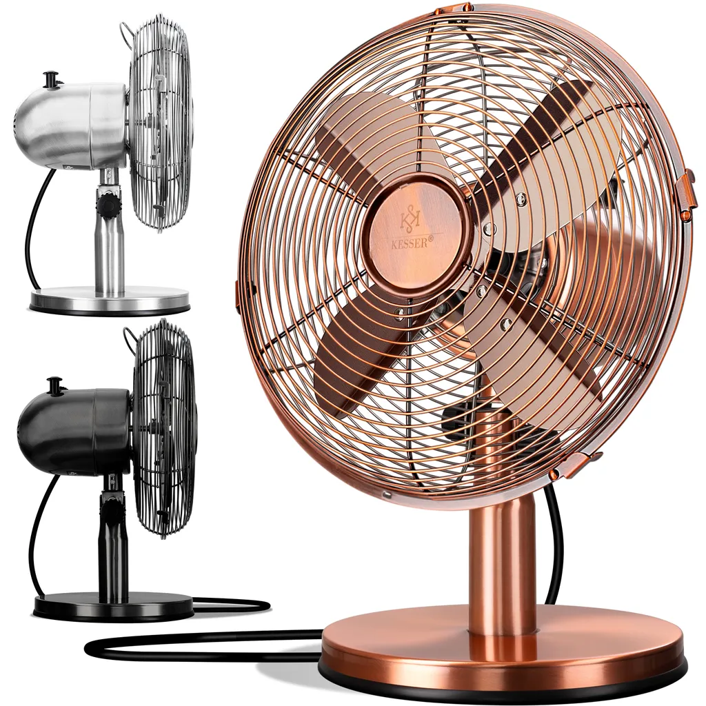 KESSER® - Tischventilator Design Retro Voll-Metallgehäuse 80° Oszillation - Leise Ventilator Mit 3 Geschwindigkeitsstufen - Zuschaltbare | Windmaschine | Neigungswinkel Ca. 40° Metall, Farbe:Kupfer