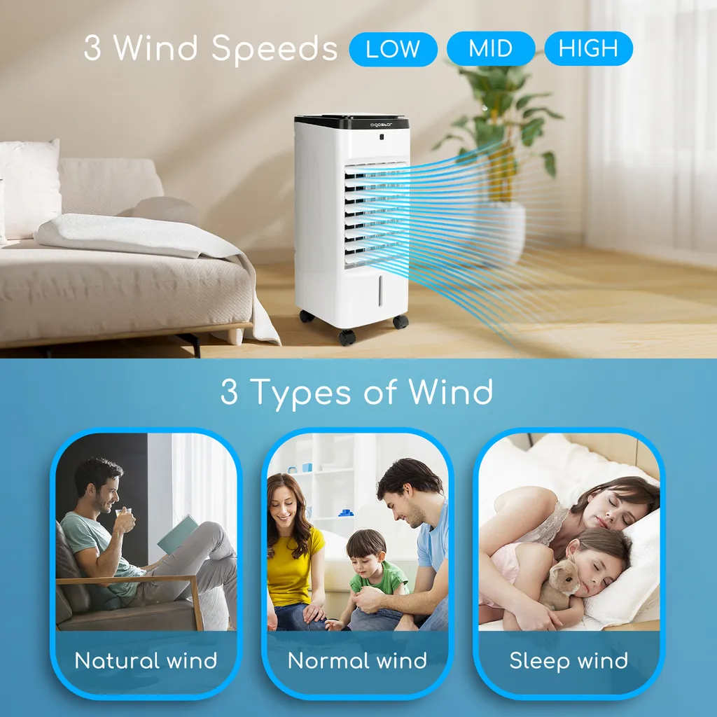 Aigostar 3,5L Mobiler Luftkühler 4-in-1 Mit 3 Stufen, LED Anzeige, Klima Ventilator Mit Fernbedienung, Mobiles Klimagerät Ohne Abluftschlauch Inkl. Timer & Oszillation Aircooler (Weiß/Schwarz) – Bild 3