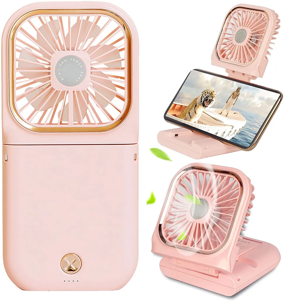 4 In 1 Handventilator, Tischventilator, Halslüfter, Handyhalter, Mit 3000mAh Powerbank, USB Faltbarer 3 Gang Ventilator, 180° Drehbarer Lüfter, Rosa