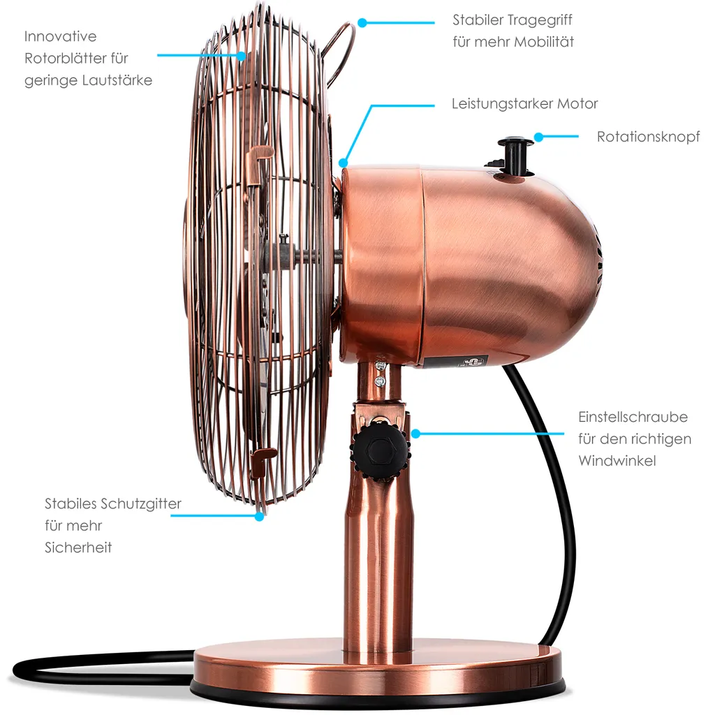 KESSER® - Tischventilator Design Retro Voll-Metallgehäuse 80° Oszillation - Leise Ventilator Mit 3 Geschwindigkeitsstufen - Zuschaltbare | Windmaschine | Neigungswinkel Ca. 40° Metall, Farbe:Kupfer – Bild 5