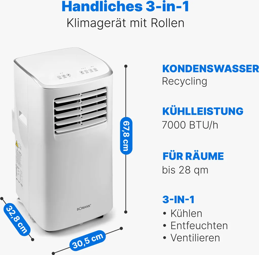 Bomann® Klimaanlage, 3in1 Klimagerät Zum Kühlen, Entfeuchten Und Ventilieren, Mobiles Klimagerät Leise Mit 7.000 BTU Kühlleistung, Mobile Klimaanlage Mit Abluftschlauch Und Timer, CL 6061 CB – Bild 2